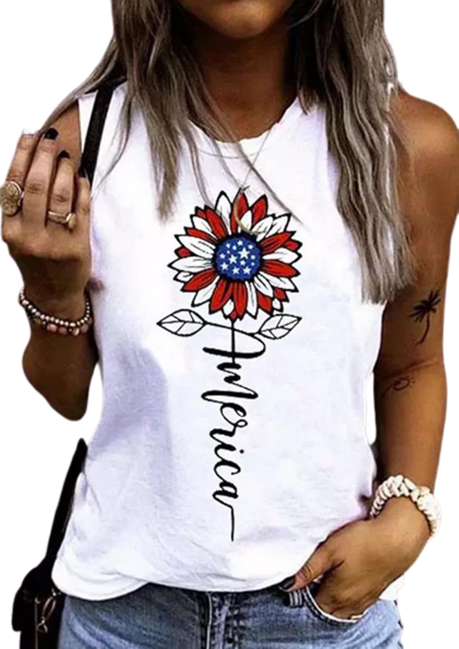 YuaelriaAmerica Sunflower Star Tank top Flag Day Independence Day 4th of July USA Flag Tank top Women's Patriots top