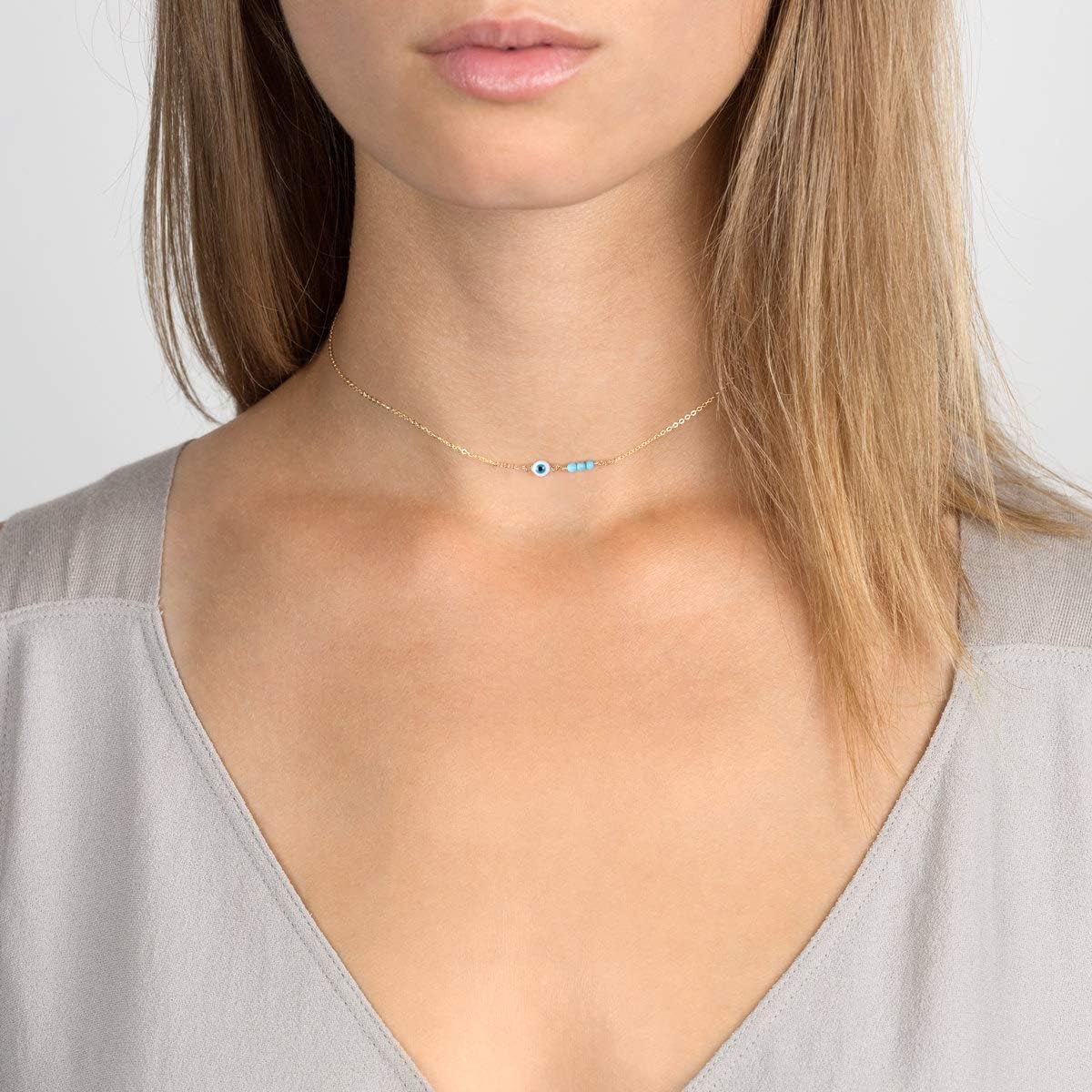 MEVECCO Dainty Evil Eye Protection Necklace,14K Gold Plated Cute Delicate Handmade Tiny Bead Necklace for Women - Image 3