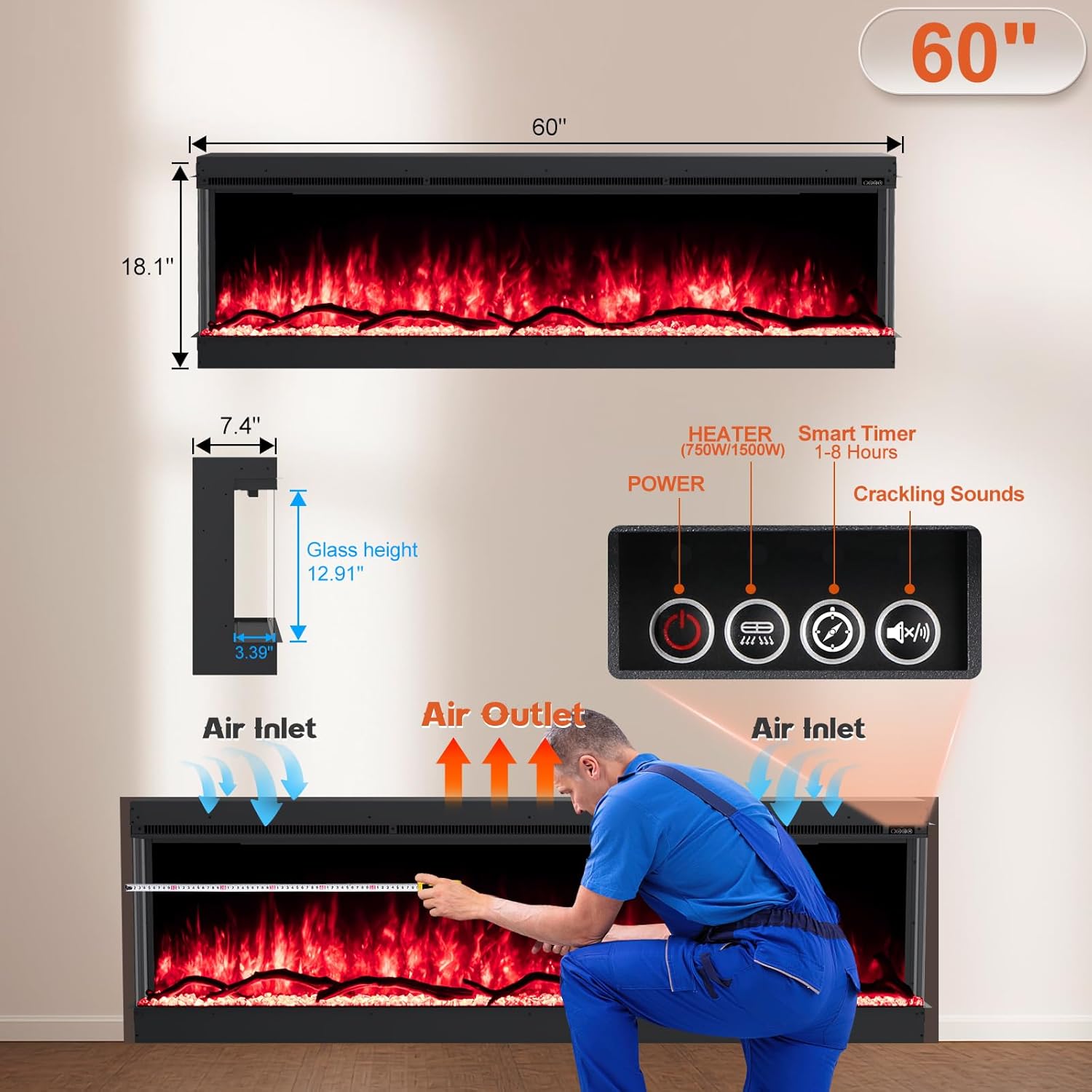 60-Inch 3-Sided Recessed Electric Fireplace with 8-Color Realistic LED Flames, Remote Control, 750W/1500W Dual Heat Quiet Heater for Large Room, ETL Certified, Modern Black