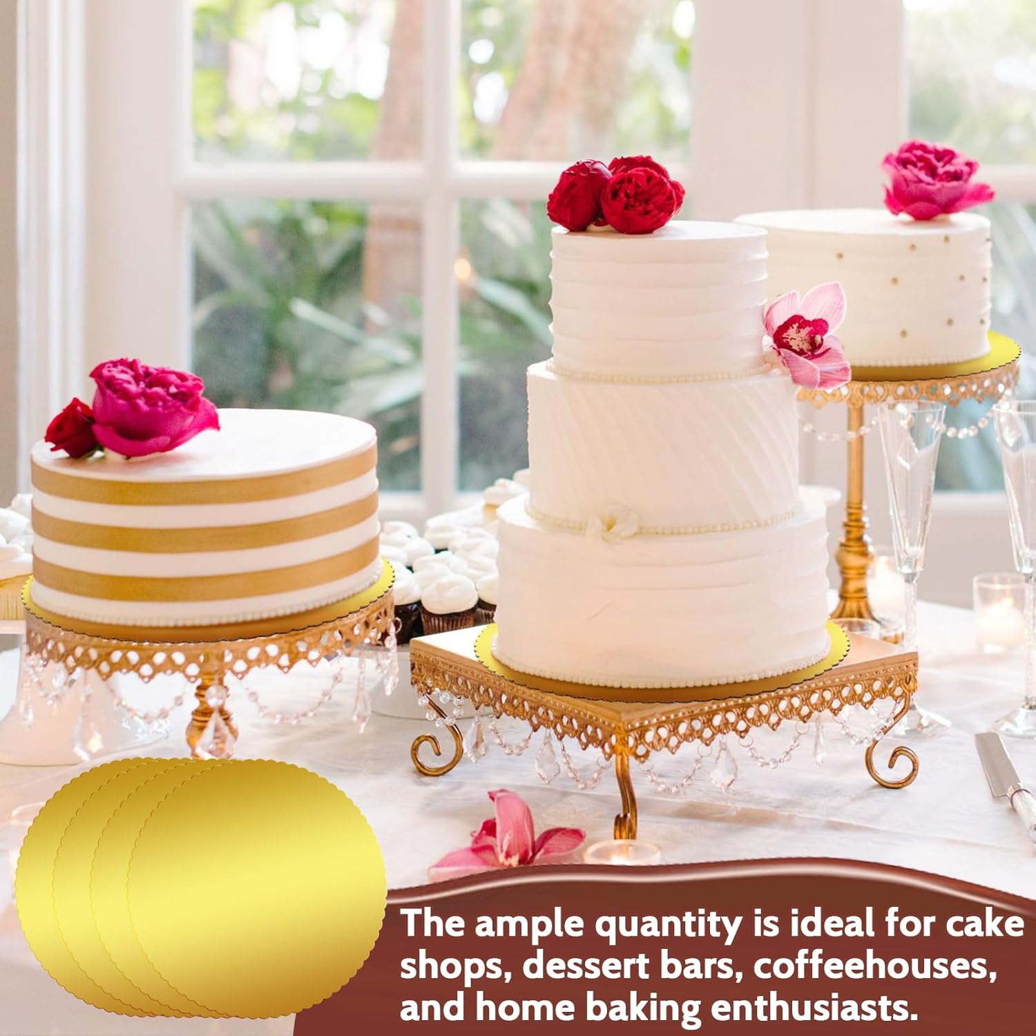 50 Pcs 14 Inch Round Cake Base Gold Cake Boards Disposable Cake Plate Bulk Sturdy Circle Cardboard Scalloped Base for Cake Pizza Pie Decorating New Year Birthday Parties(Gold)