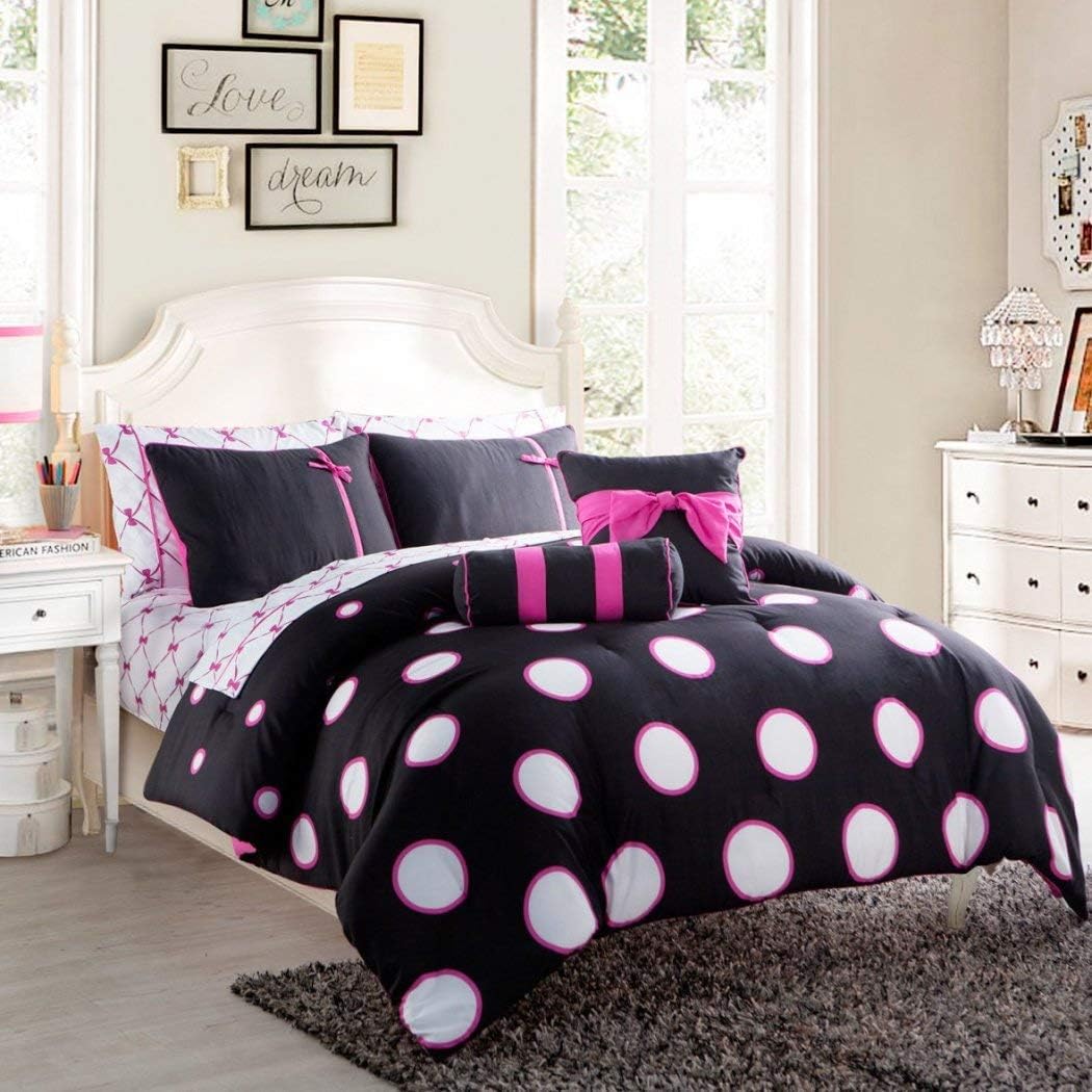 Hot Pink & Black Polka Dots Twin Comforter Set (8 Piece Bed in A Bag)