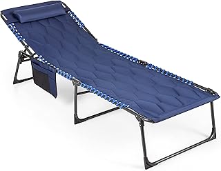 ALPHA CAMP Padded Reclining Sun Lounger for Garden, Portable Outdoor Camping Folding Bed, Foldable Camp Beds with Pillow and 5 Position for Adults Travel Office Fishing Indoor, Cyan Blue