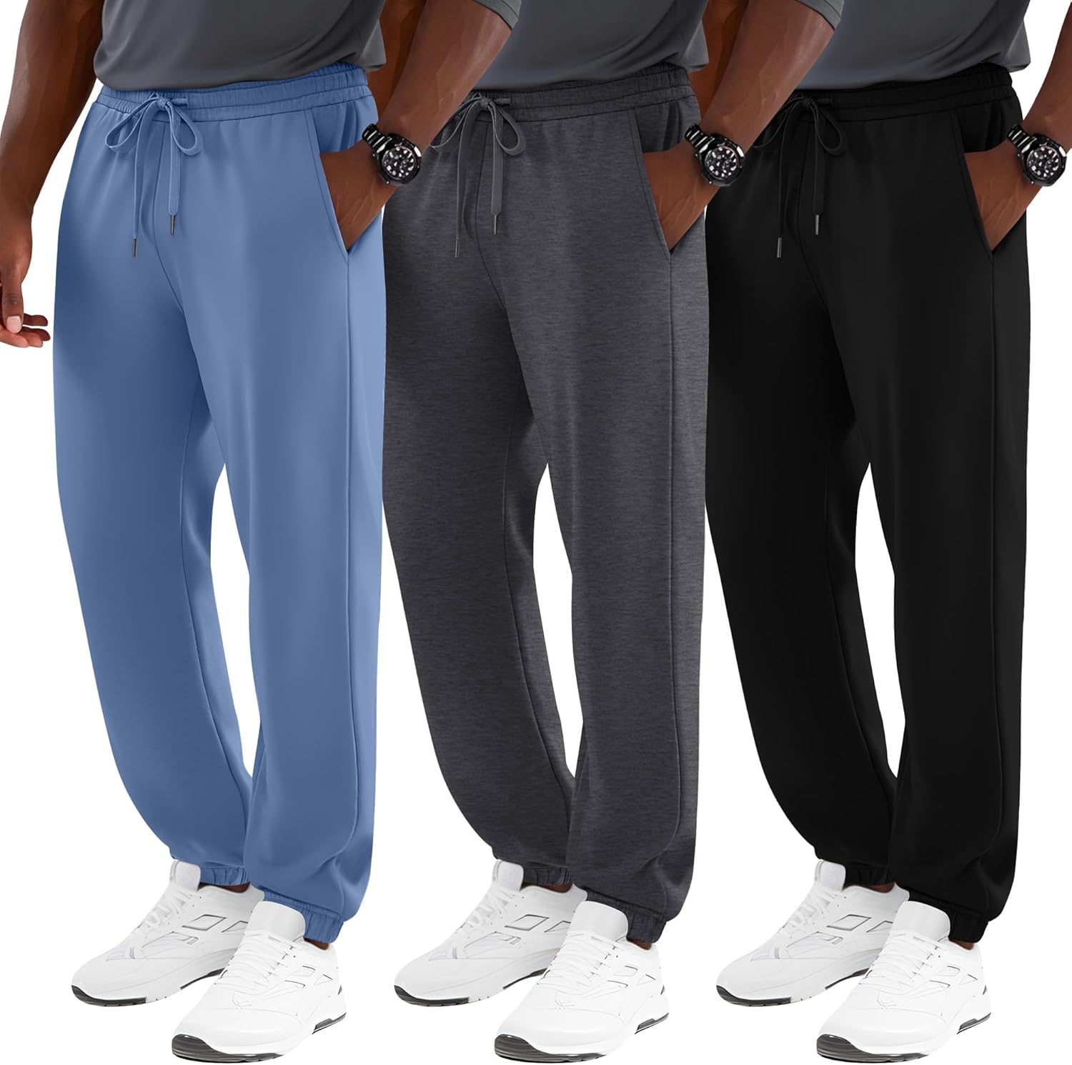 Velvelhall 3 Pack Men's Big and Tall Joggers Lounge Sweatpants Athletic Gym Pants with Pockets Workout Drawstring Jogger Pant