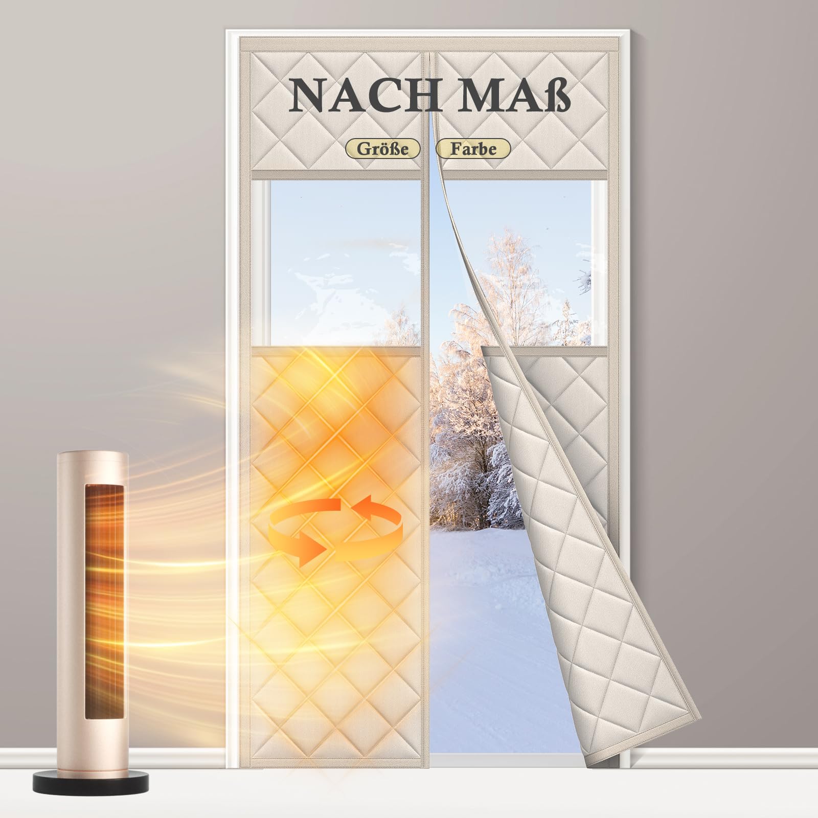 fowong Magnet Wärmeschutzvorhang für Türen 200x220 cm, Thermo Türvorhang langlebiges Oxford-Tuch und Polyesterfaserfüllung, Wetterfest, Winddicht, Schallisoliert, mit klaren Fenstern, Weiß