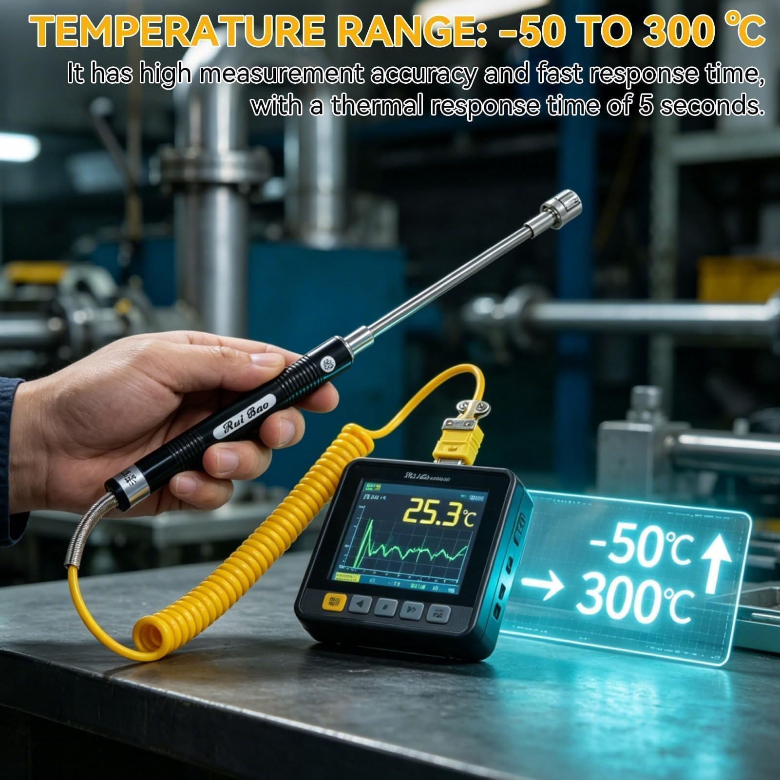 Sonde Type K Air, Sonde de Température de Surface avec Poignée Isolée, Portable Aiguille Pointe Capteur de Thermocouple en Acier à Réponse Rapide pour Mesure de Température