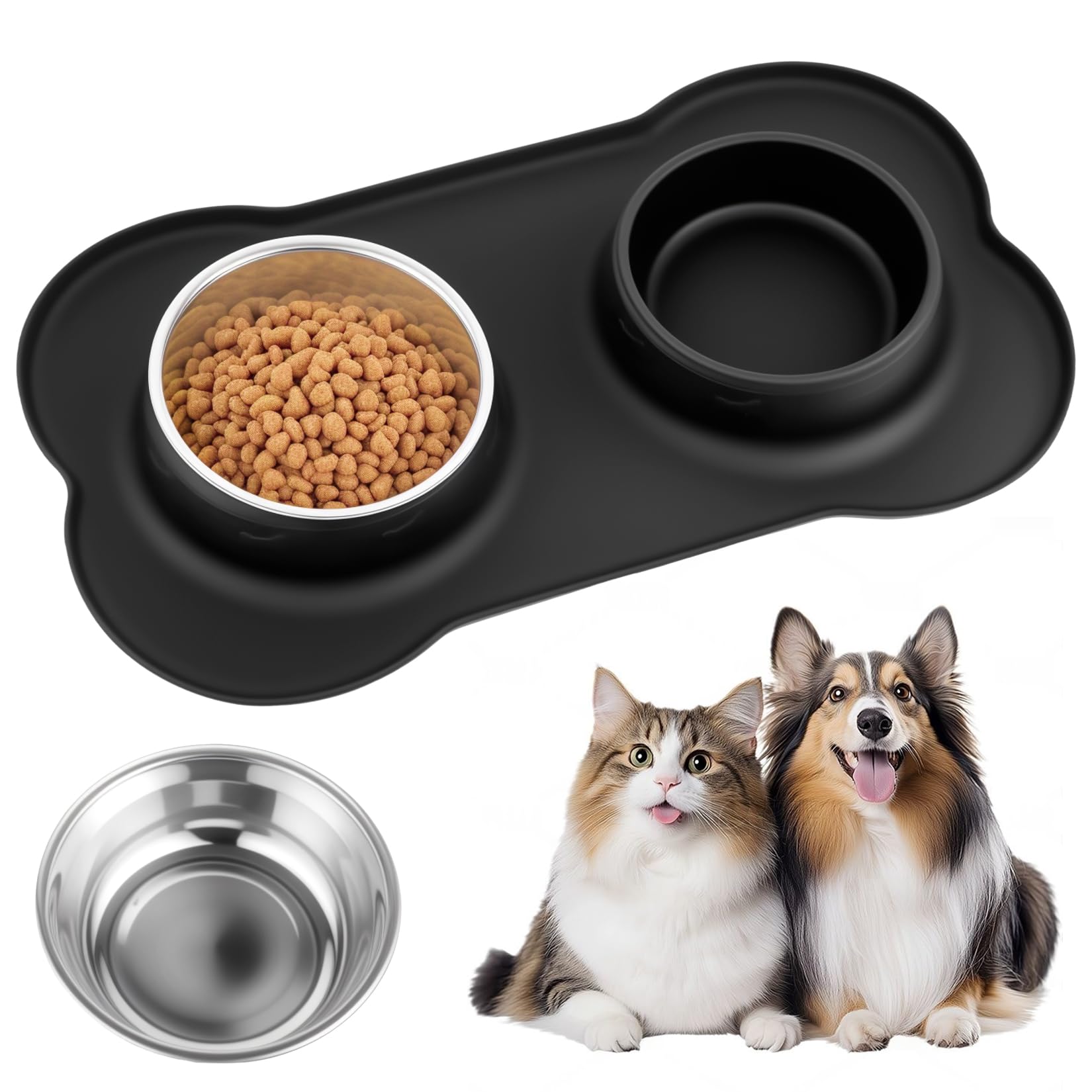 Futternapf Hunde Katzen, Fressnapf Hundenapf Kleine Hunde Napfset, Edelstahl Katzenapf Wassernapf Hund mit Nicht Kleckern, mit 1 Hundenapf Unterlage rutschfest Silikon Tablett Matte(46 x 27 cm) L