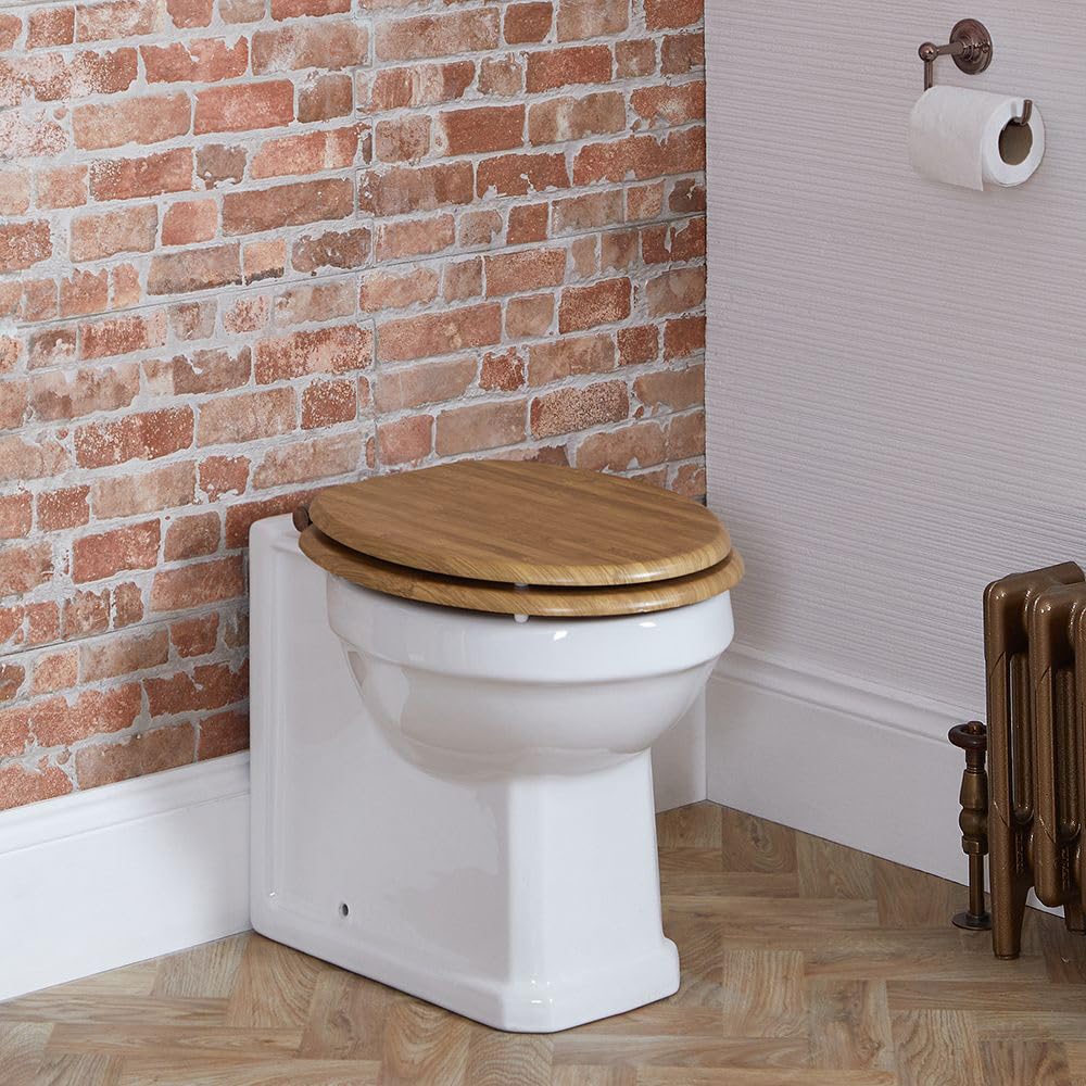 Milano Richmond Back to Wall Toilet Pan with Oak Effect Seat - Brushed Gold Hinges