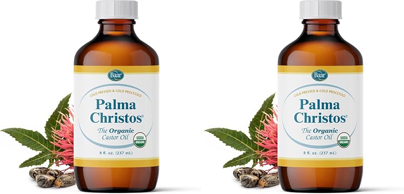 Baar Óleo de Rícino Orgânico Palma Christos, prensado a frio, sem hexano, frasco de vidro âmbar, 240 mL, pacote com 2