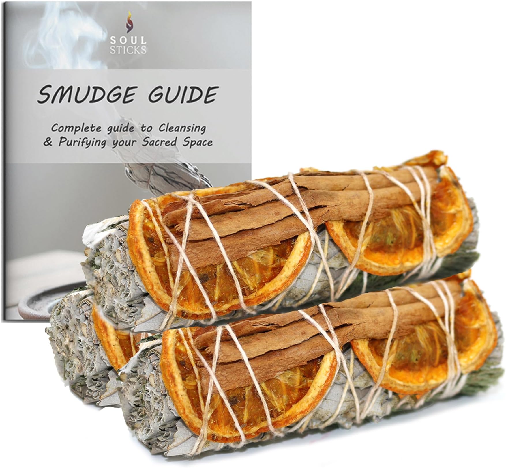 Soul Sticks 3 Pack White Sage Orange Cinnamon Sage Smudge Sticks for Money Cleansing House, Abundance, Money, Negative Energy Cleanse, and Smudging with Starter Guide | 4 Inch Bundles