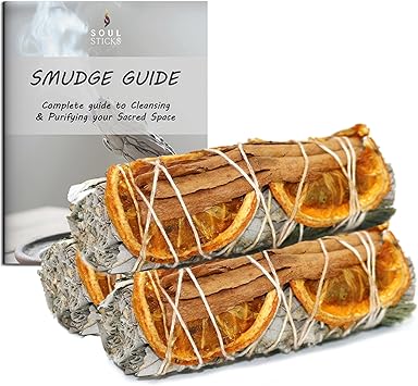 SOUL STICKS 3 Pack White Sage Orange Cinnamon Sage Smudge Sticks for Money Cleansing House, Abundance, Money, Negative Energy Cleanse, and Smudging with Starter Guide | 4 Inch Bundles