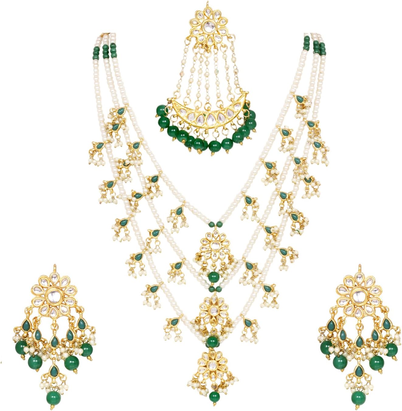 SANARA JEWELS Indian Bollywood Ethnic Kundan Rani Haar Pearl Green Necklace, Passa & Earring Set Jewelry