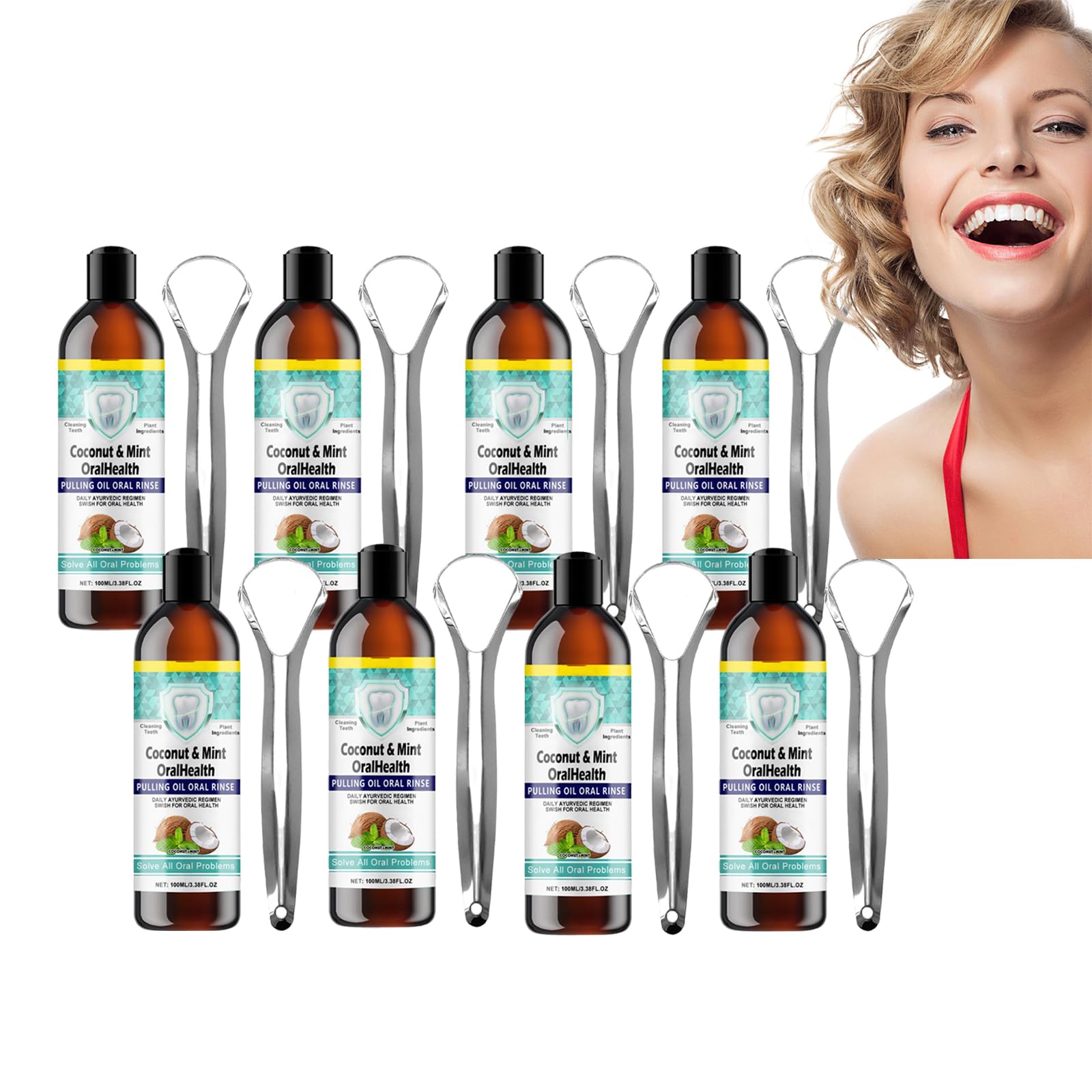 Enjuague bucal con aceite de coco - Enjuague bucal con aceite de coco para el cuidado bucal - Colutorio natural para combatir la placa y el mal aliento - con raspador de lengua para (8 botellas)
