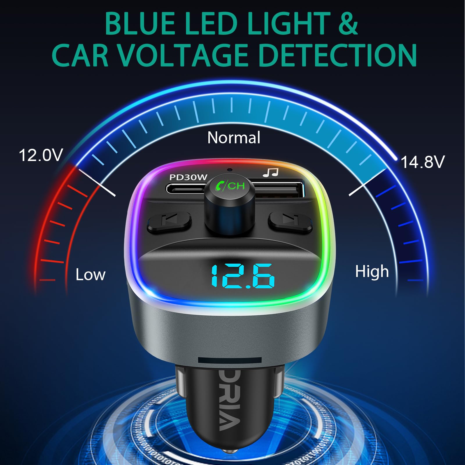 Transmetteur FM Bluetooth 5.3 ORIA Pour Voiture - Charge Rapide USB-C, Appels Mains Libres, LED RGB