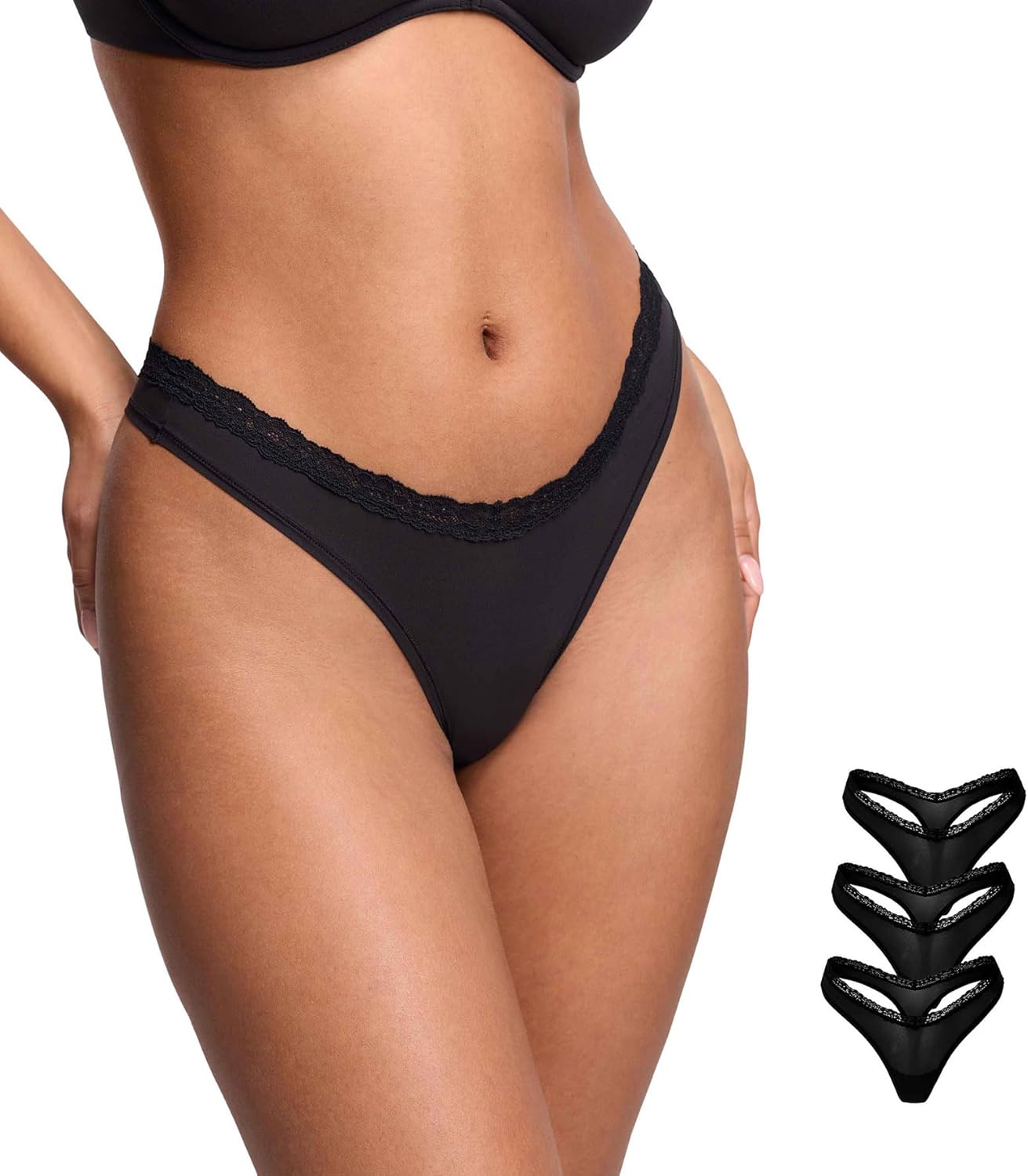 DOBREVA Sexy Lace Thongs Breathable Seamless Underwear for Women Comfortable V-waisted Soft Panty 3 Pack