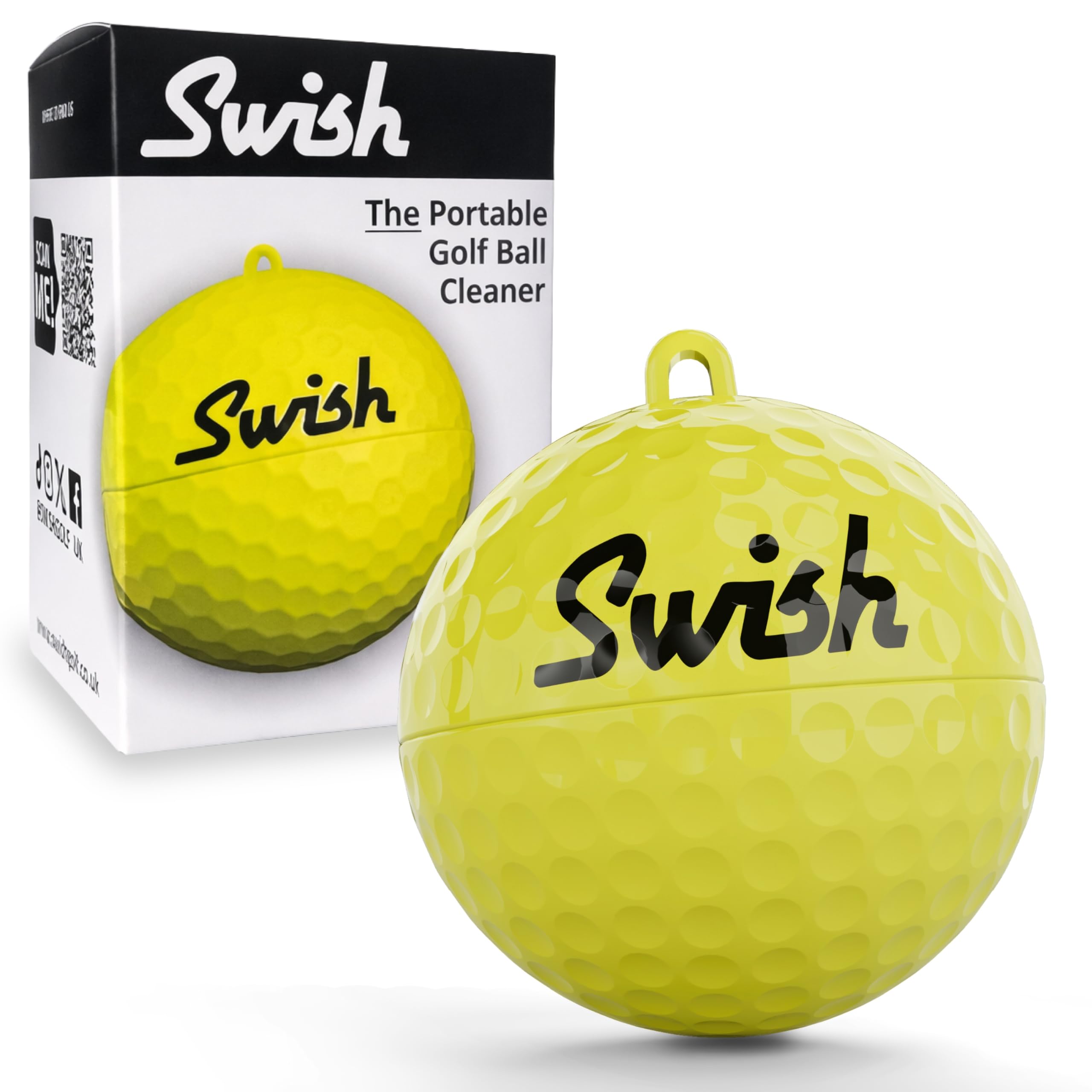 Swish Portable Golf Ball Cleaner - Compact Golf Ball Cleaning Kit & Golf Bag Accessory - Quick & Simple Cleaning with Clip-On Design and Separate Belt Towel - The Perfect Father's Day Golf Gift