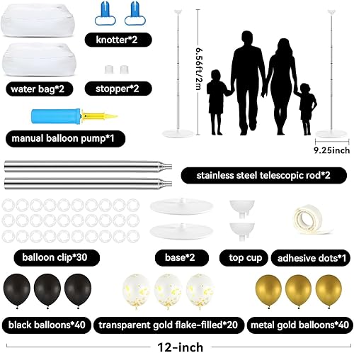Miniatura 2 de Juego de 2 soportes de columna de globos con 100 globos de verano ajustable con bases para el suelo, columna de arco de globos negros y dorados para