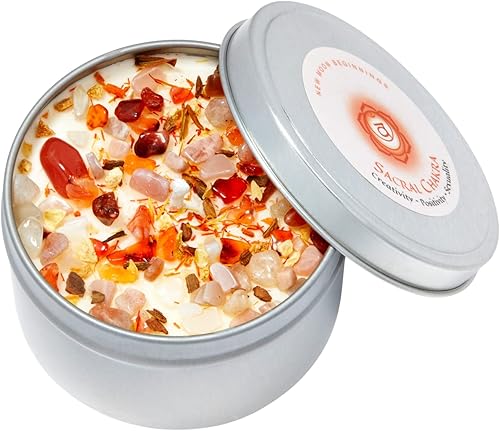 Miniatura 1 de Vela de chakra sacral de New Moon Beginnings  Velas de chakra  Velas de flor seca, hierbas y cristal  Velas de aromaterapia  Vela de soja  lata de 8