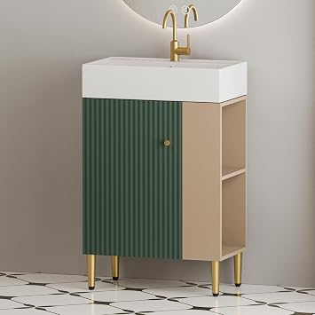 21.6" Open Shelving Bathroom Vanity with Ceramic Sink and Soft-Close Doors,Side with Closet Open Shelving Storage,Bathroom Cabinet for Small Space Freestanding-Right Storage-green1