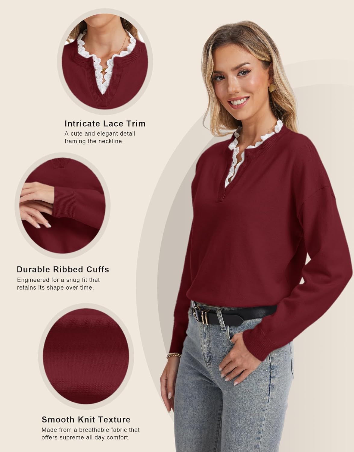 V Neck Sweaters for Women, Long Sleeve Lace Trim Knit Sweater Fall Casual Lightweight Pullover Top - Image 4