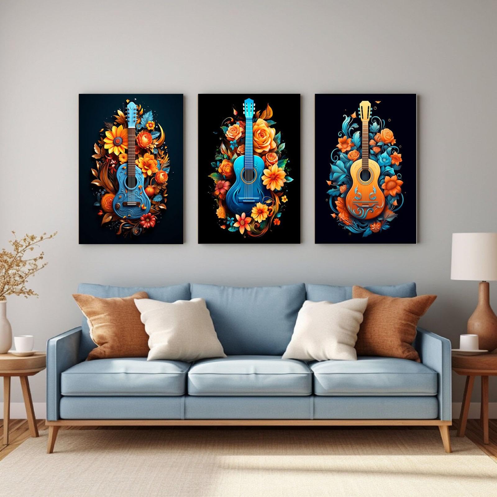 veces Astratto Quadri Soggiorno, Girasoli bohémien e chitarra Stampa su tela Pittura Quadri Moderni Poster da parete Camera da letto Casa Ufficio Decorazioni - 60x80cmx3 Non incorniciato