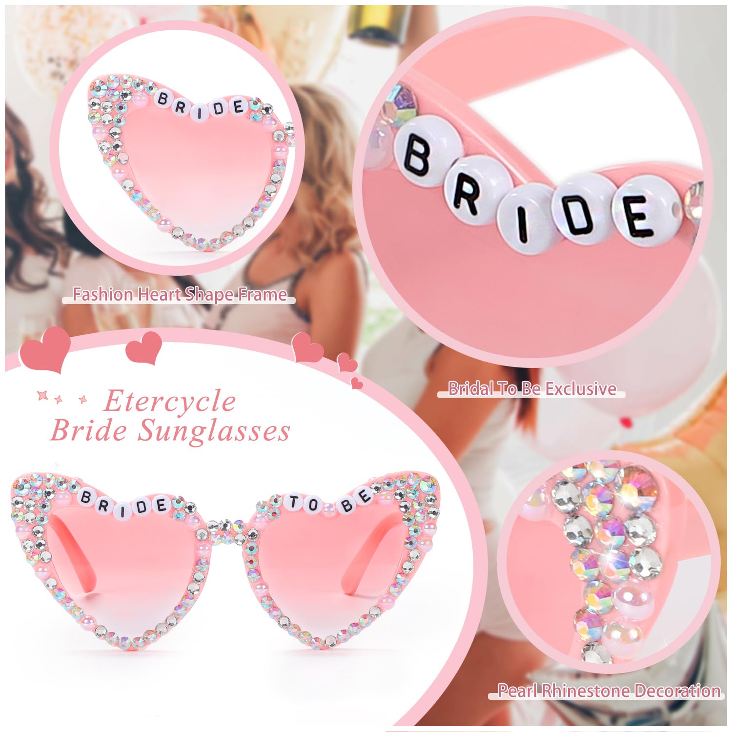 ?Women Pink Etercycle Bride Heart for Bachelorette Party Fashion Sunglasses Amazon.com: Etercycle Bride Sunglasses, Heart Sunglasses for  main image 2