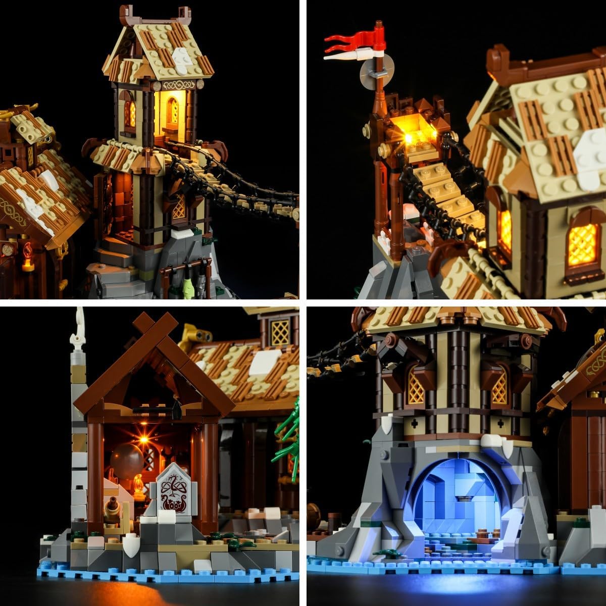 Avvicinamento view of the illuminated forge area within the LEGO Viking Village model, highlighting the warm glow of the LED lights.