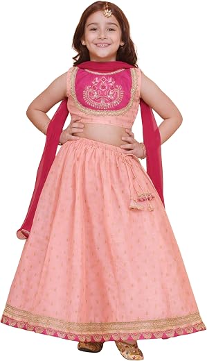 JAY CLOTHING Girls Orange Embroidered Lehenga Choli Set with Pink Dupatta | Kids Traditional Ethnic for Wedding, Navratri