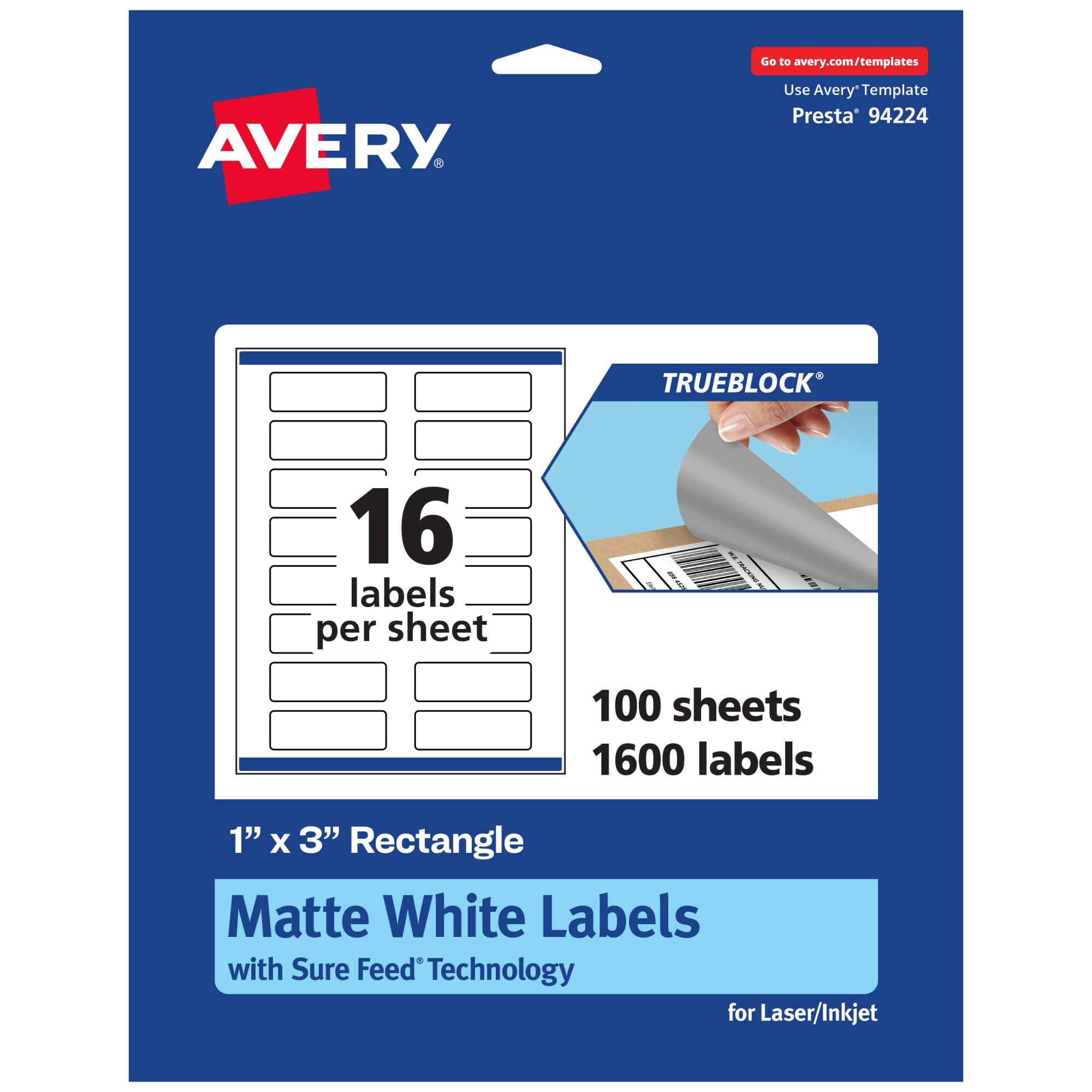 Avery TrueBlock - Etichette rettangolari bianche opache, tecnologia Sure Feed, 2,5 x 7,6 cm, 1.600 etichette bianche opache, stampa a bordo, stampabili a laser/a getto d'inchiostro, ideali per