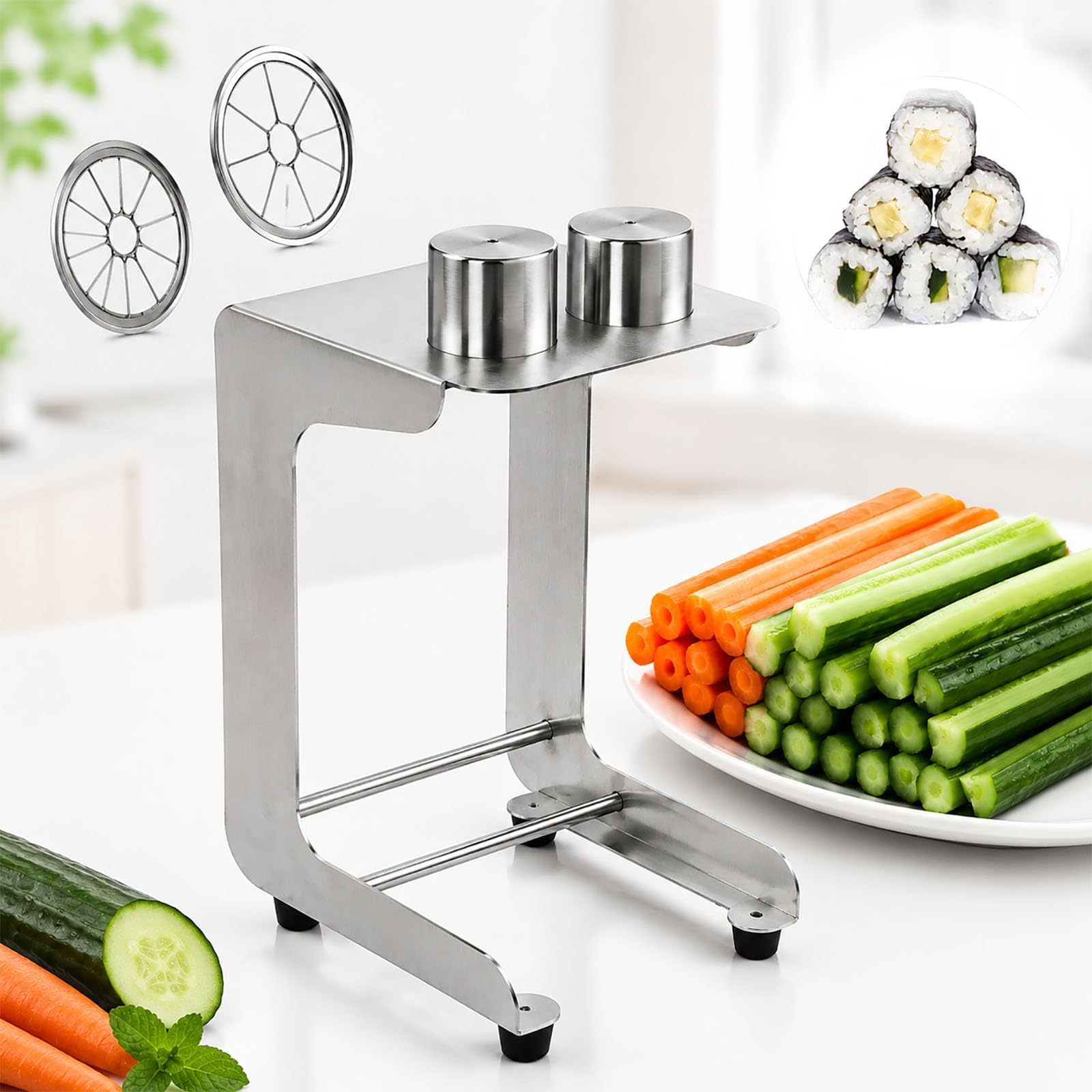 YZDKJZ Cucumber Stick Cutter/slicer, Handy Carrot Stick Cutter Tool, Stainless Steel Manual Core Removing Cucumber Splitter, Speed 10 Slices/minute, Diameter 45mm, For Cooking, Sushi (10+12 Cut)
