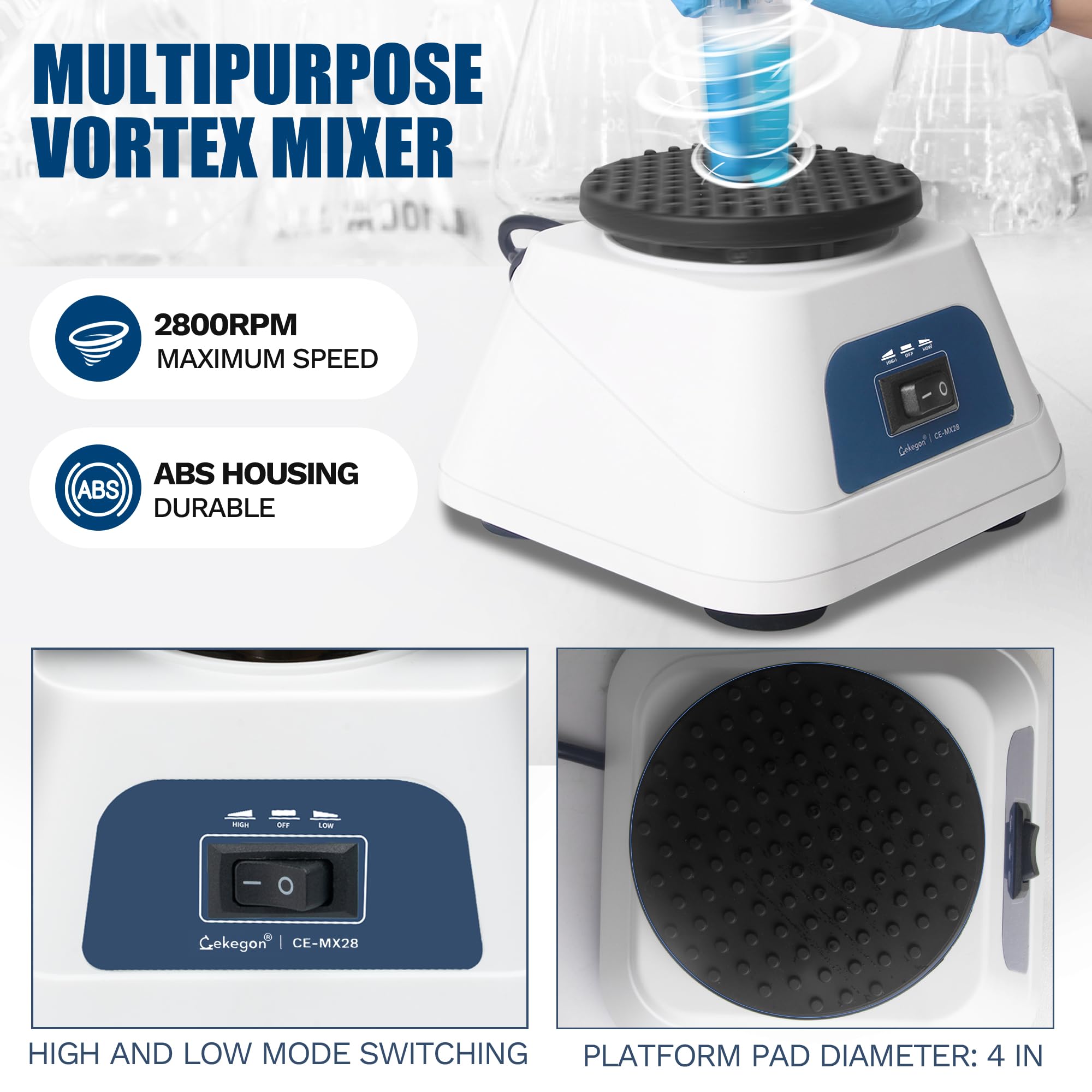 Cekegon Vortex - Mezclador de vórtice de laboratorio para mezclar pinturas, esmalte de uñas químico, biológico, 1300 baja velocidad/2800 rpm de alta velocidad, trabajo continuo con almohadilla de