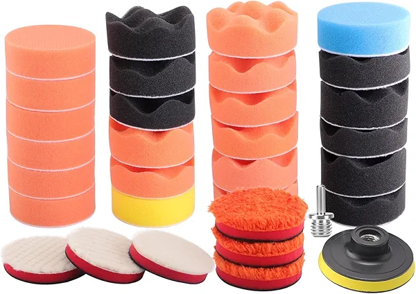 ZFE Drill Polishing Kit for Car, 3''(80mm) 32Pcs Car Foam Buffing Pads, Wool Pads Drill Buffing Pad, Wax Buffer Polisher Attachment with 5/8-11 Thread Backing pad & Adapters