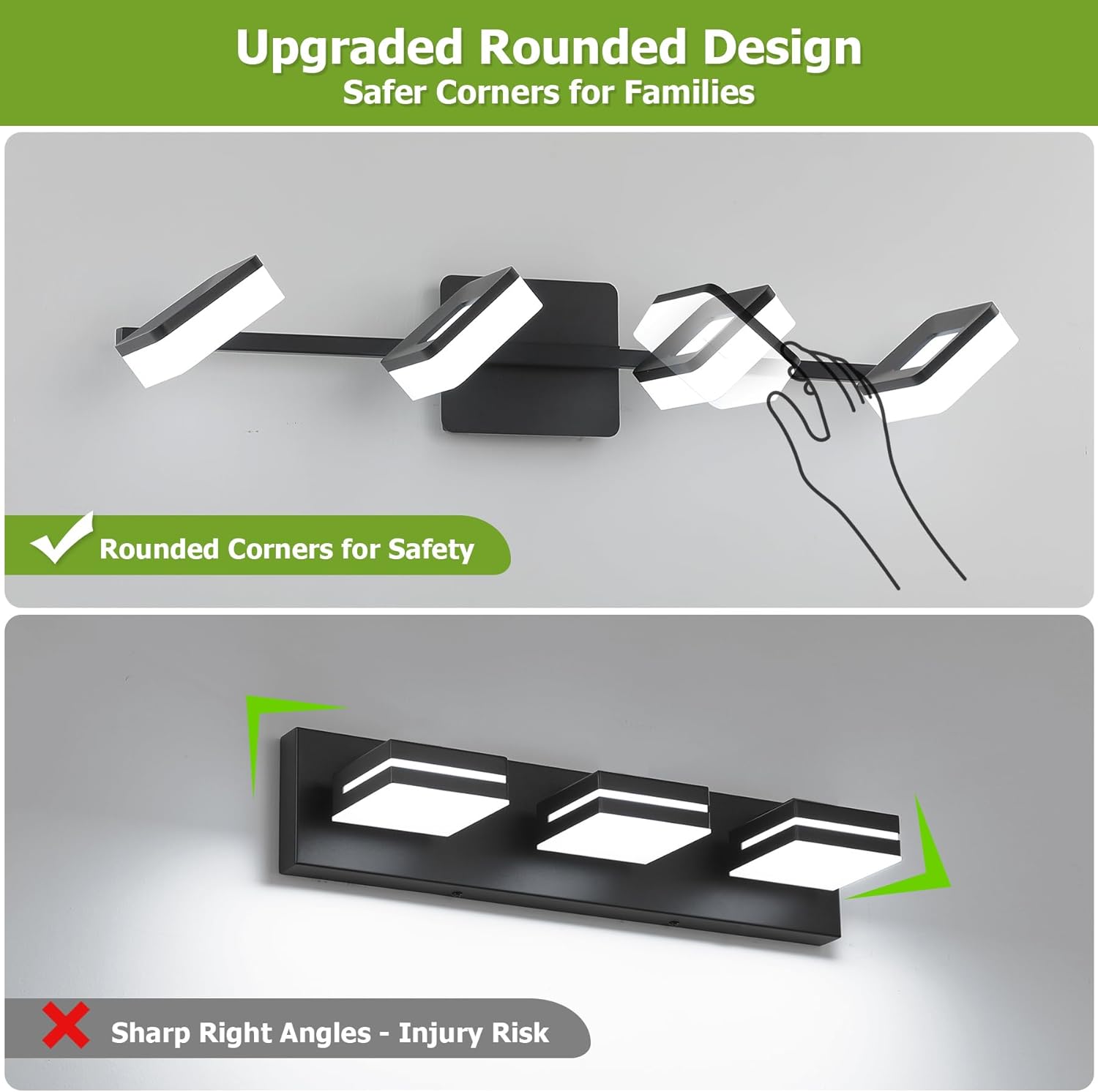 4 Light Acrylic Bathroom Light Fixtures, Modern Black Bathroom Vanity Light, Matte Black Wall Lighting Fixtures Over Mirror, Adjustable LED Vanity Light (White Light 5500K)