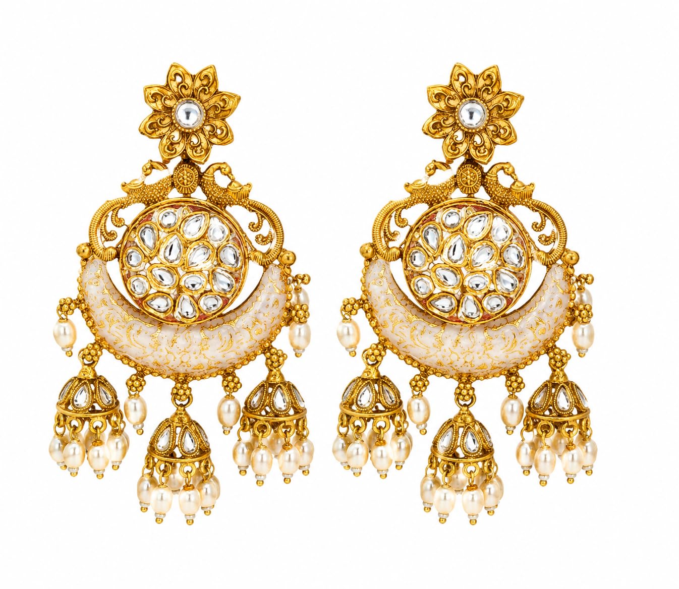 Gold Plated Kundan Chandbali Jhumka Earrings for Women | Pearl Drop Traditional Ethnic Dangle Earrings | Wedding, Party-image-23