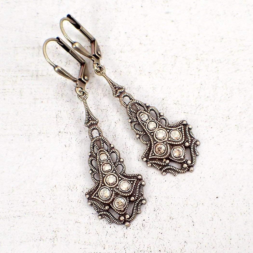 Antique Style Drop Earrings with Filigree and Gold-Colored Crystal Stones