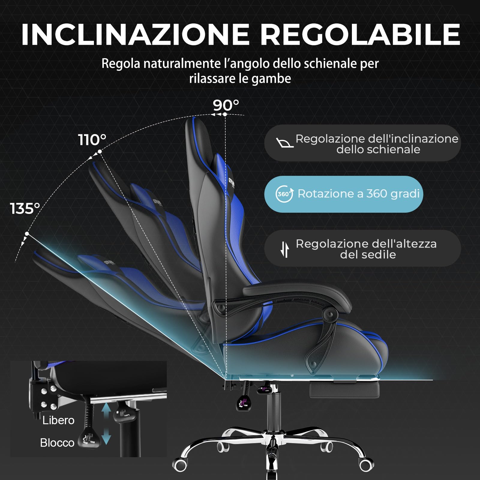 LUCKRACER Sedia da Gaming Massaggiante ed Ergonomica con Schienale Regolabile, Poggiapiedi e Supporto Lombare - Reclinabile, Blu