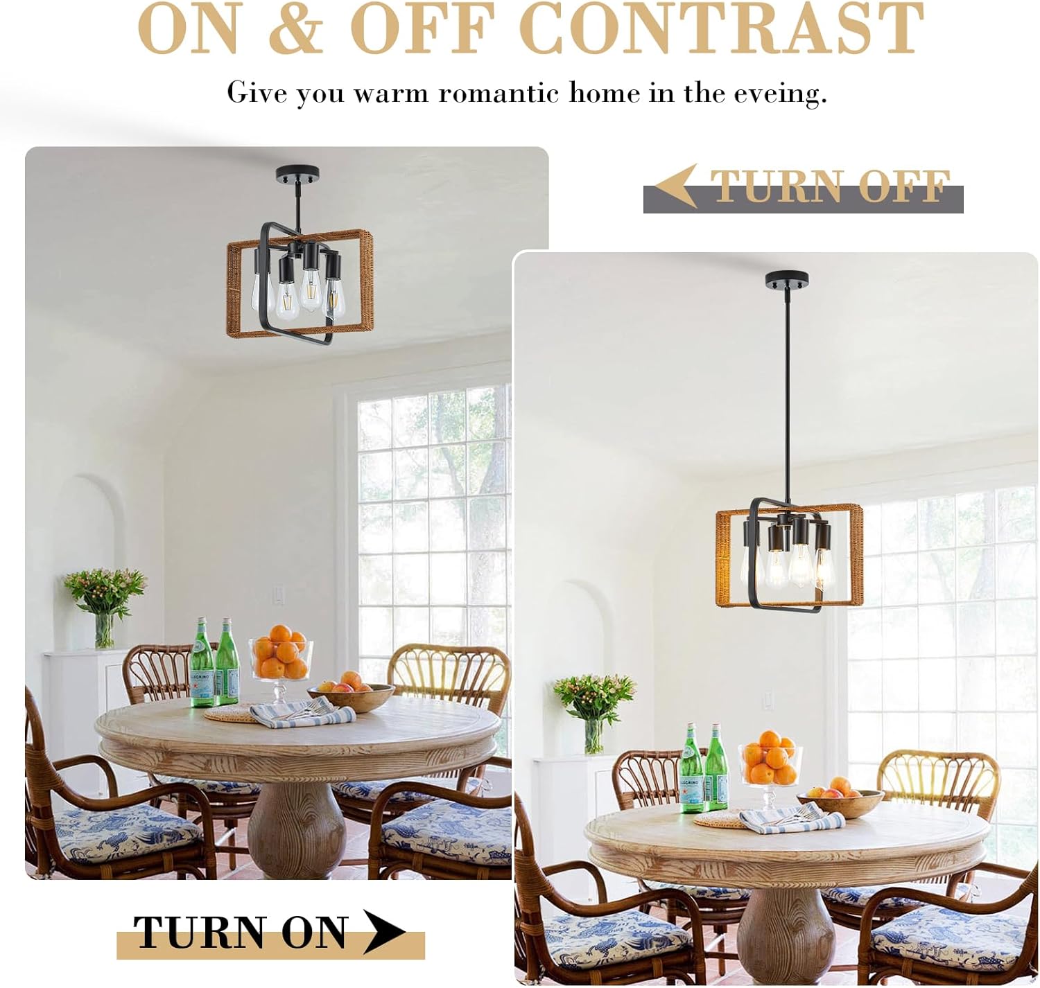 VILUXY 4-Light Black Pendant Light Fixture 15.7’’ Farmhouse Chandelier Light Fixture Rustic Geometric Hanging Pendant Lights with Woven Rattan Shade for Kitchen Island Entryway Dining Room