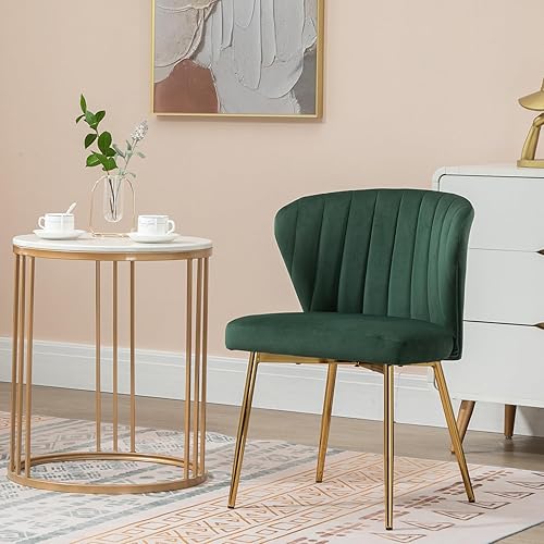 Miniatura 8 de Juego de 2 sillas de comedor de terciopelo, modernas sillas tapizadas con patas de metal dorado para comedor, cocina, tocador y patio (verde)
