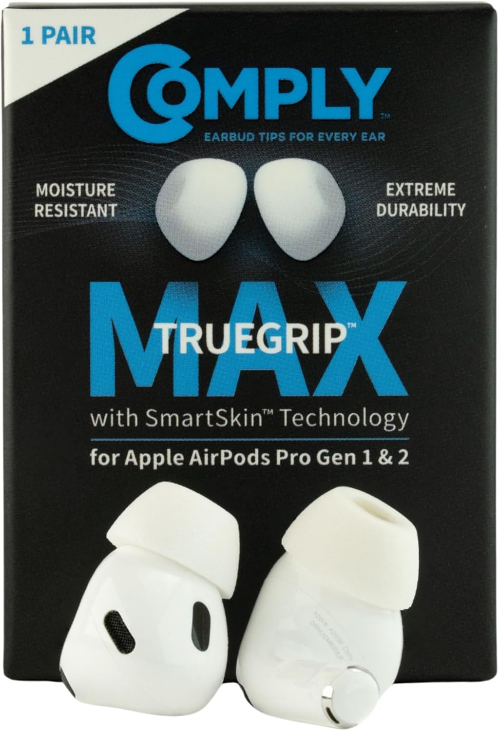 Product image of Comply TrueGrip MAX | Premium Memory Foam Replacement Earbud Tips for Apple AirPods Pro 1 & 2 | Long Lasting Comfort, Extreme Durability, Secure Fit, Superior Noise Isolation| White (Small) (1 Pair)