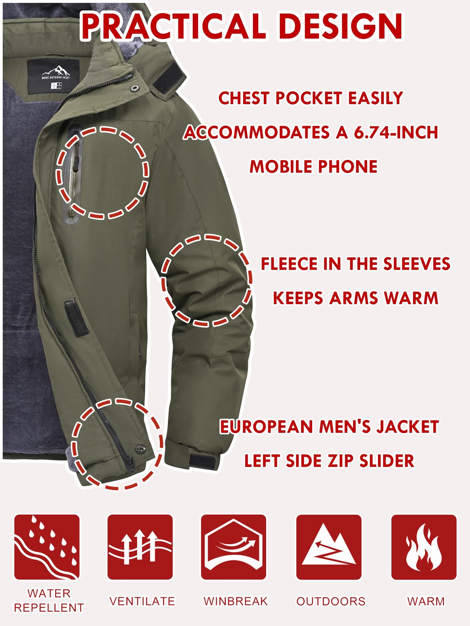 Veste d'Hiver Imperméable Hommes Doublé Chaud Coupe-Vent Blouson de Ski avec Capuche Amovible