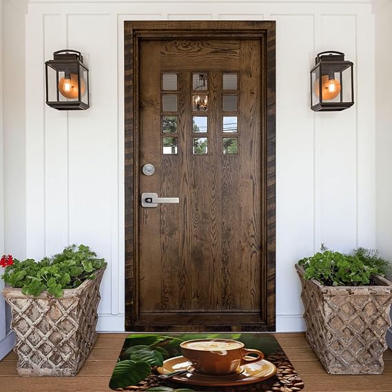 Front Door Mat Indoor Outdoor Welcome Mat, Coffee and Green Leaves Doormat Easy Clean Entryway Mats Stain and Fade Resistant Entry Rug Absorbent Flannel Bath Mats 16 x 24 Inch