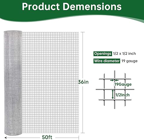 Miniatura 2 de Amagabeli JW005 - Tela de hardware de calibre 19 de 36 pulgadas x 50 pies galvanizada después de soldar rollos de malla cuadrada de pollo de alambre
