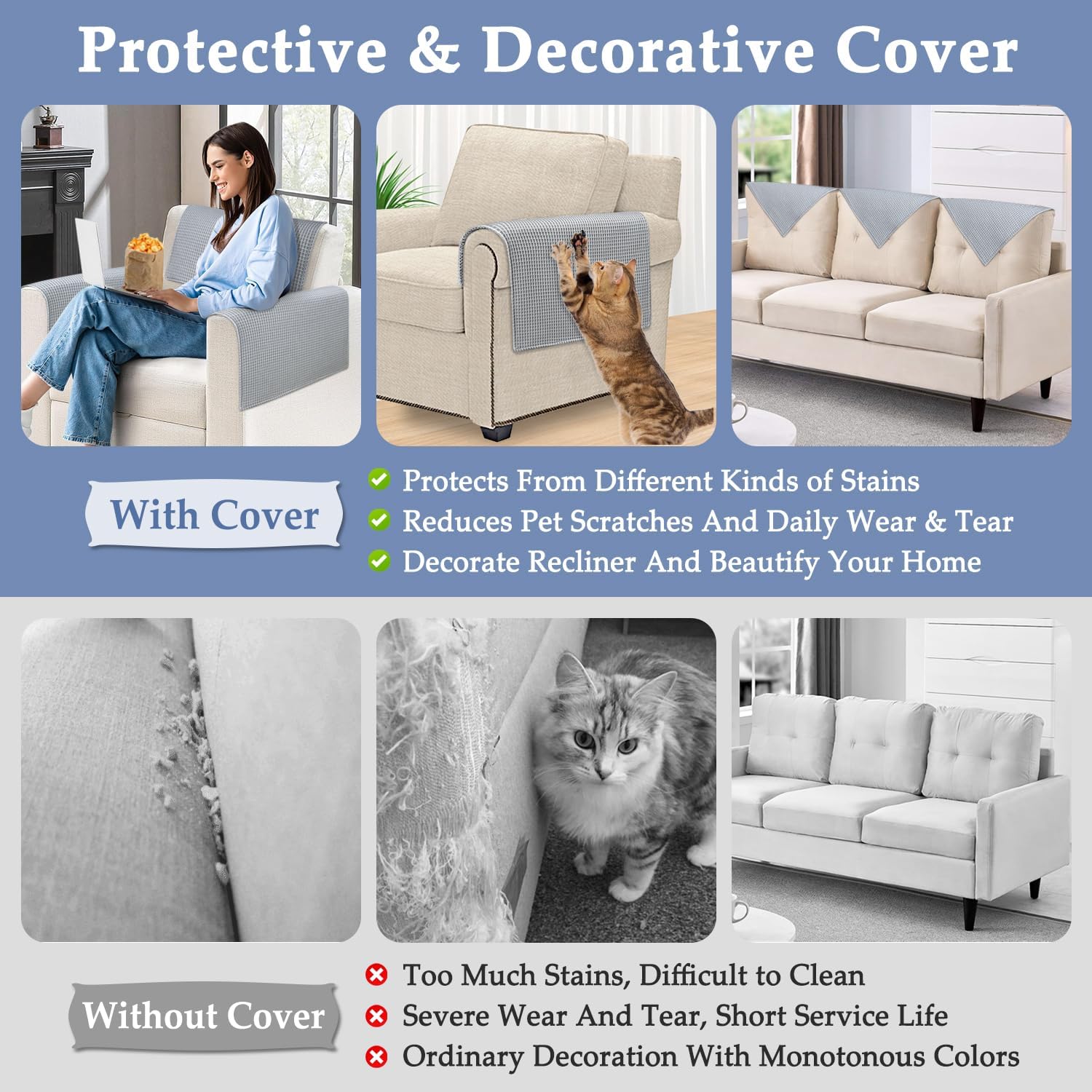 Headrest Covers for Recliners Protector Armrest Covers for Couch Chair Headrest Seat Padded for Sofa Reclining Armchair Cooling Pads Washable Pet Slipcovers Non Slip Furniture Covering