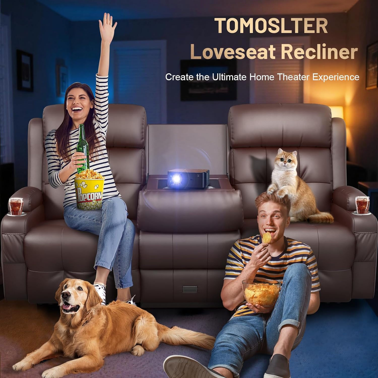 3-Seater Loveseat Recliner Sofa, RV Wall Hugger Home Theater Seating Reclining Couch with Flip-Down Backrest, LED Lights, Massage, Built-in Power Strip, Drawer & Cup Holders for RV & Living Room