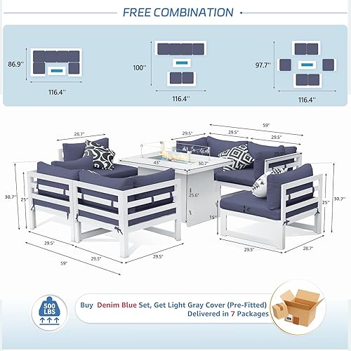 Miniatura 58 de NICESOUL 7 Piece White Powder-Coated Aluminum Patio Furniture with Fire Pit Table, 29 Inch Extra Wide Outdoor Sectional Sofa for 6, High-End Heavy