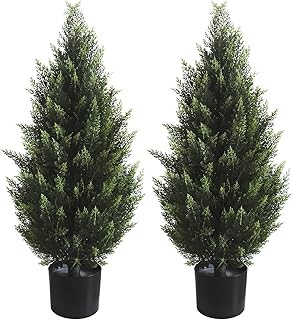 3FT Artificial Topiary Tree Realistic Faux Cedar Pines Christmas Trees UV Rated Fake Shrubs for Front Porch Faux Plants Indoor and Outdoor Decor (2 Pack)