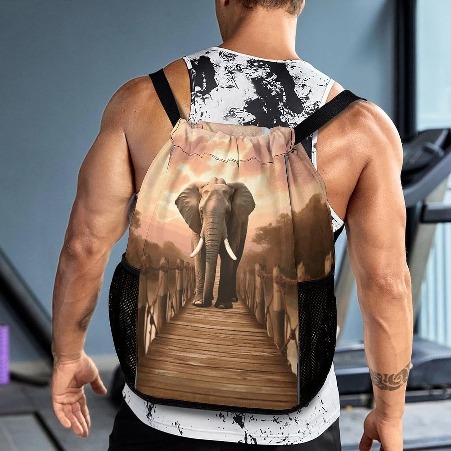 Drawstring Backpack Sports Gym Swim Bag with Shoes Compartment Elephant on A Bridge Stuff Sack