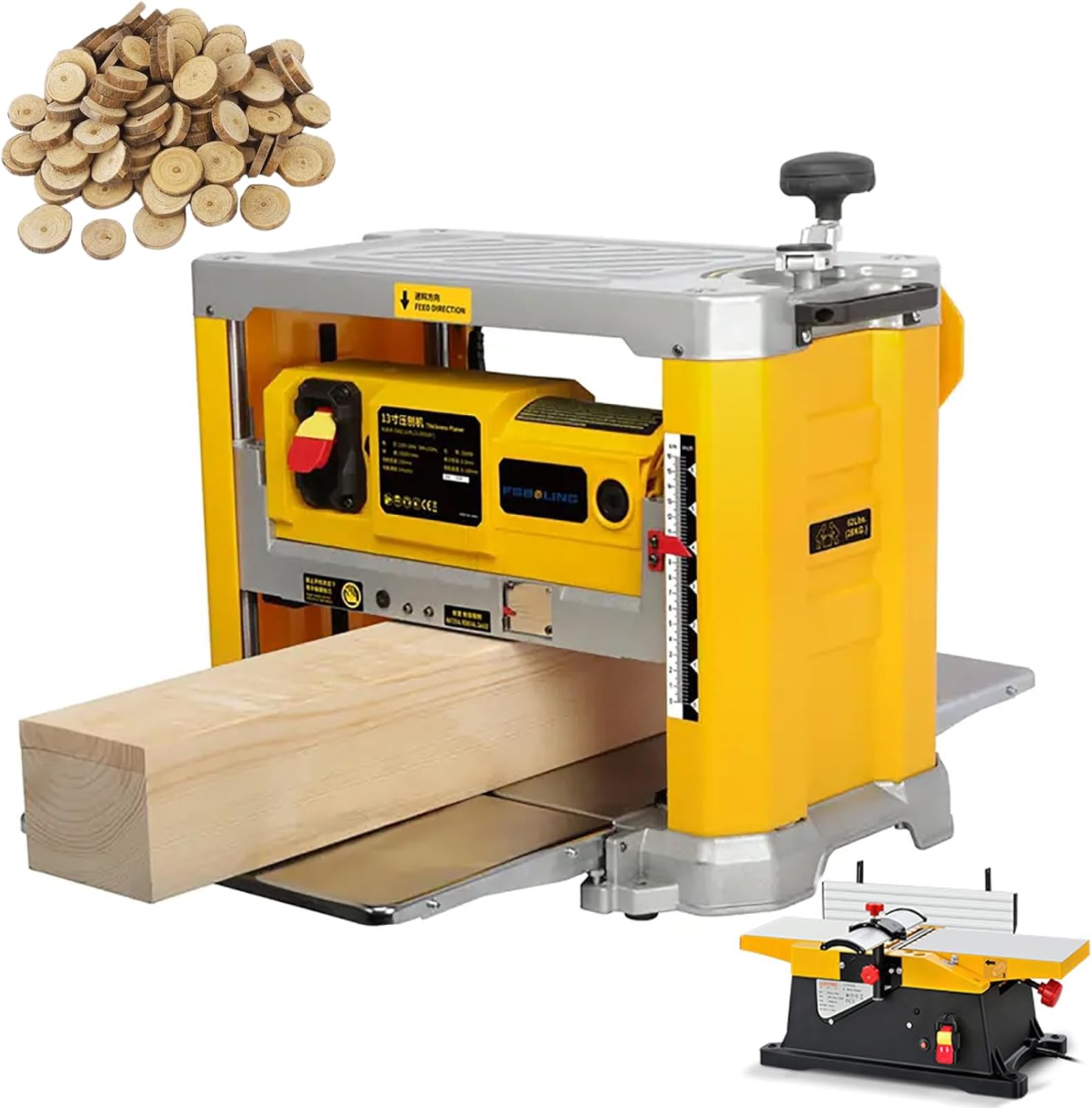 13Inch Electric Woodworking Planer, Equipped with 6-inch Planer, 12000rpm/min Speed, Adjustable Cutting Depth 0-3mm and Width 150MM, Workbench and Dual Size Scale, Folding Storage, for Wood