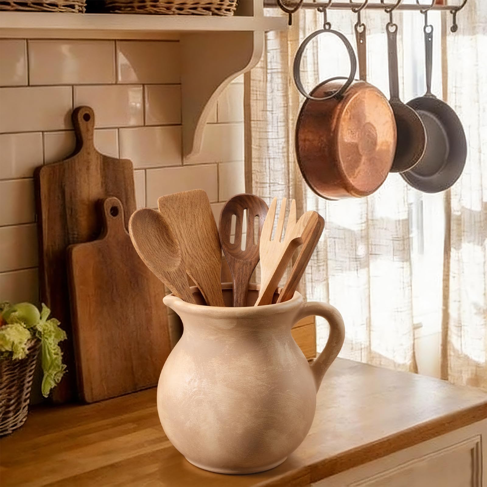 Potchen Rustikaler Küchenutensilienhalter mit Griff, 17,8 cm, Keramik, Vintage-Utensilientopf für Arbeitsplatte, Bauernhaus, Küche, Dekoration, Keramiktopf für Spatel, Löffel, Zange (klassisch
