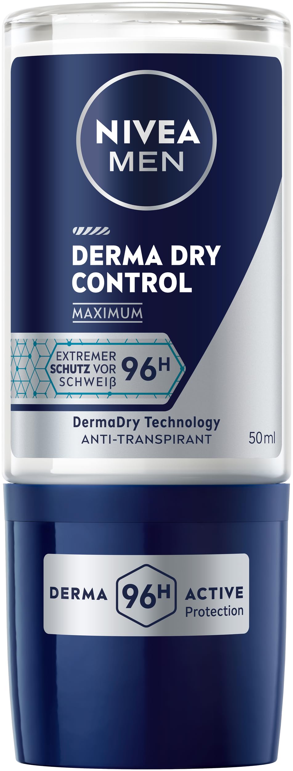 NIVEA MEN Derma Dry Control Maximum Deo Roll-on, Deodorant mit 96h extremem Schweißschutz, hautschonendes Antitranspirant für ein trockenes Hautgefühl (50 ml)