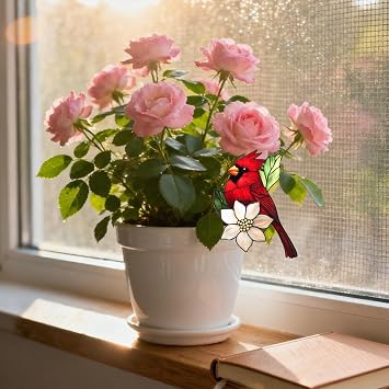 Acrylic Hummingbird Pot Decoration, Weatherproof Plant Pot Ornaments, Garden Ornament Retirement for Indoor and Outdoor Gardens Patio Fence Home (DEEP RED)